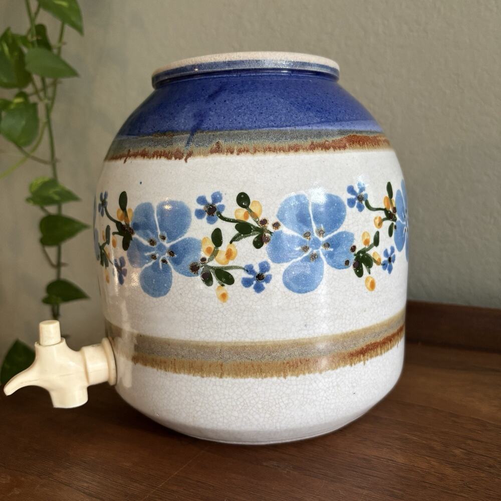 Ceramic Art Pottery Jar Crock w/ Spigot Beige Blue Floral Glossy Finish